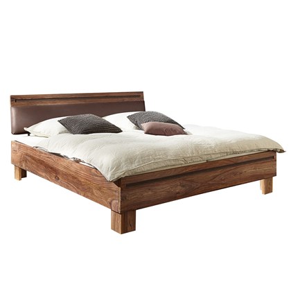 LONDON Bed frame Brown, Sheesham solid / synthetic leather