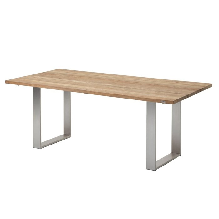 Tabletop in brown color, solid wood teak, frame U leg in white