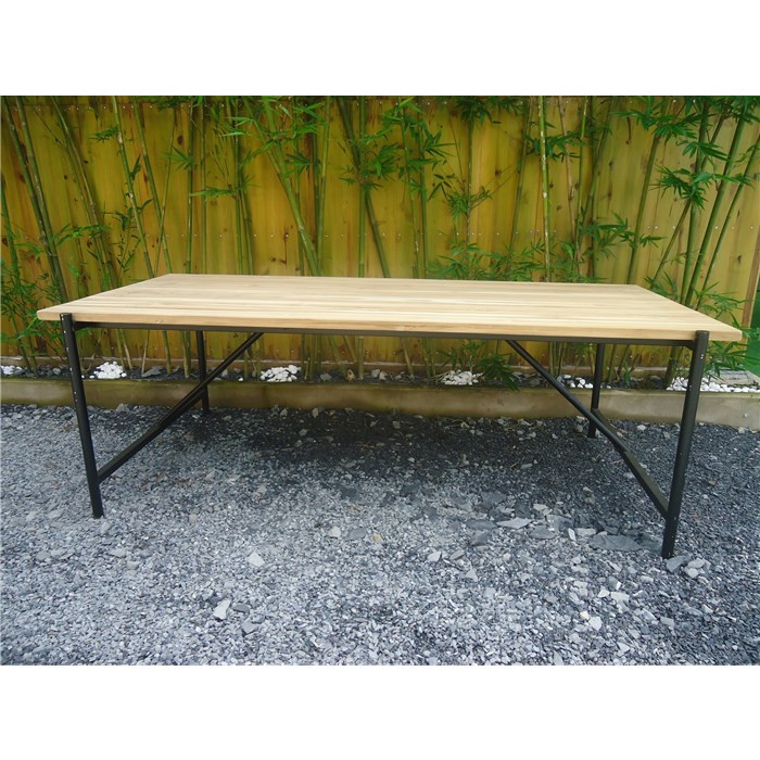 Table top in brown, solid teak, metal frame in black