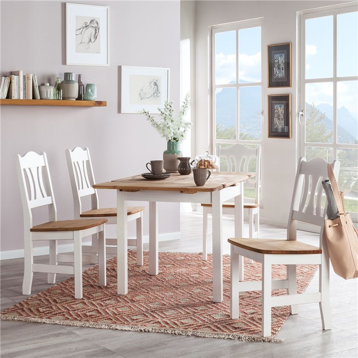 Expandable table in brown, 4 chairs in white color