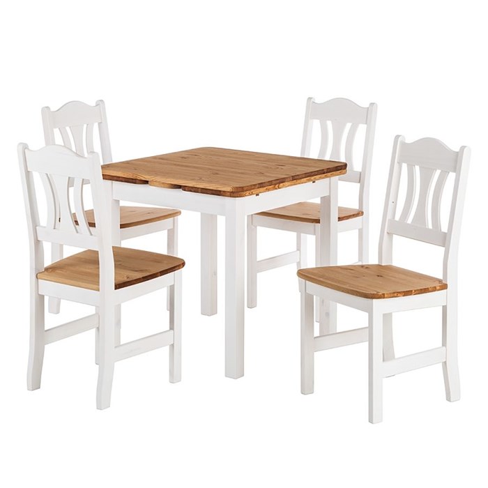 Expandable table in brown, 4 chairs in white color