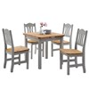 Expandable table in brown natural pine, 4 chairs in gray color