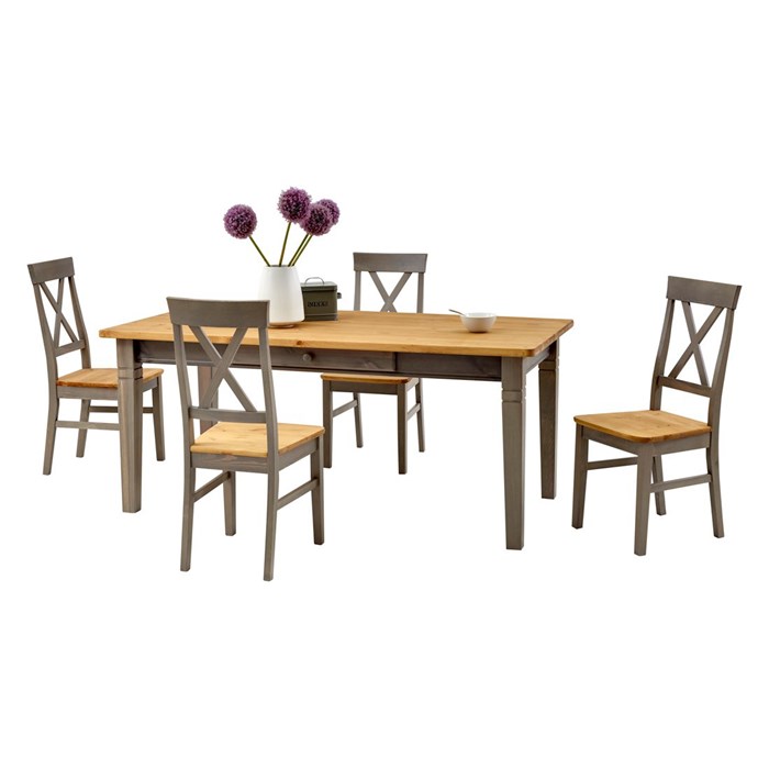 Solid pine, 1 table & 4 chair, brown natural and grey color
