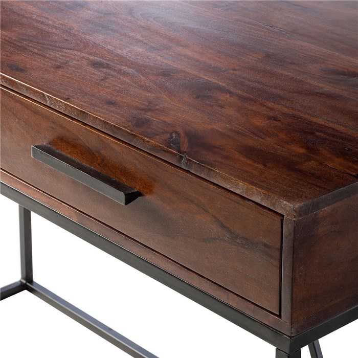 Solid wood tabletop in brown, Metal frame in black