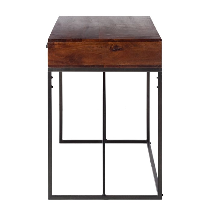 Solid wood tabletop in brown, Metal frame in black