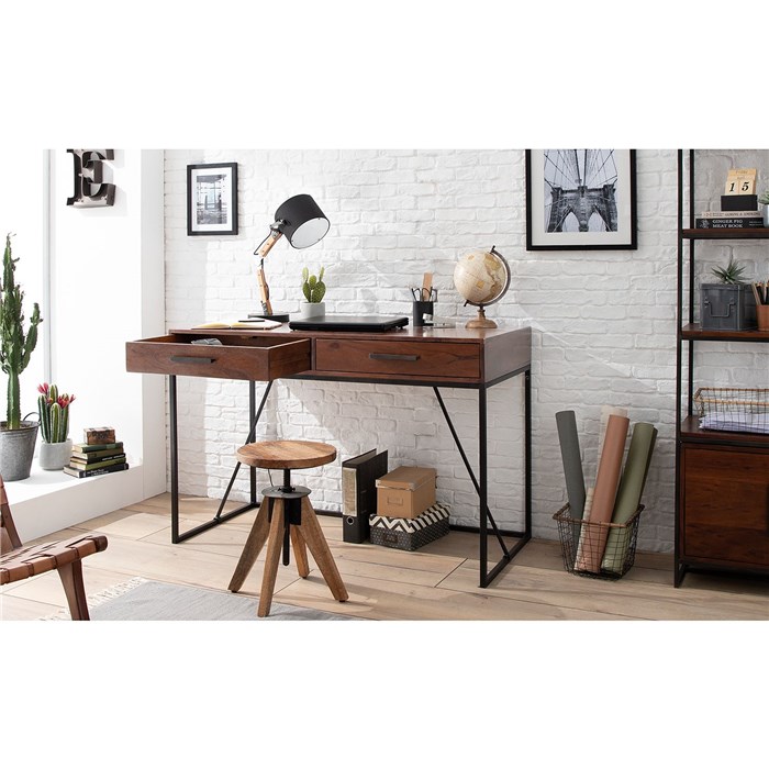 Solid wood tabletop in brown, Metal frame in black