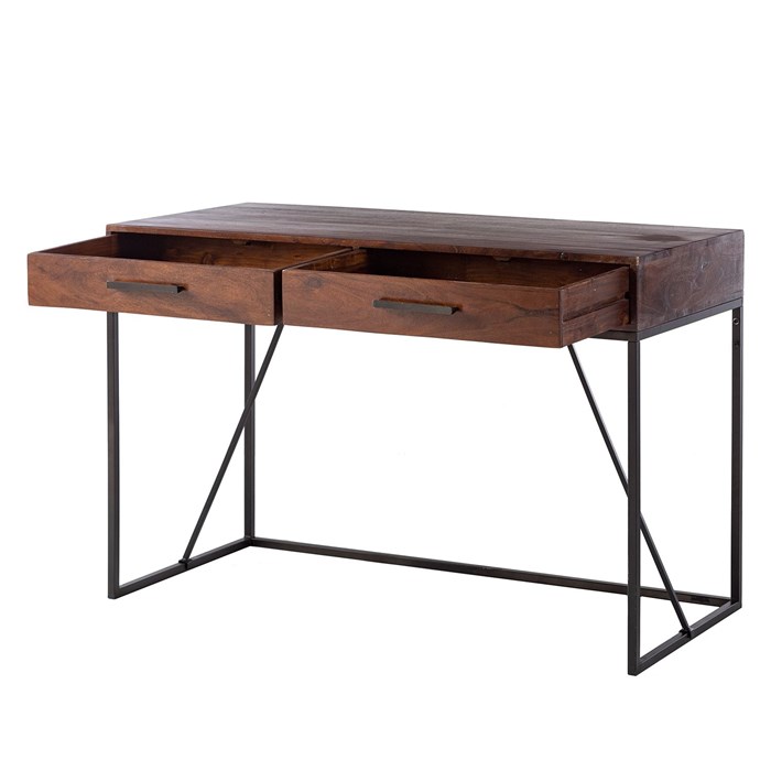 Solid wood tabletop in brown, Metal frame in black