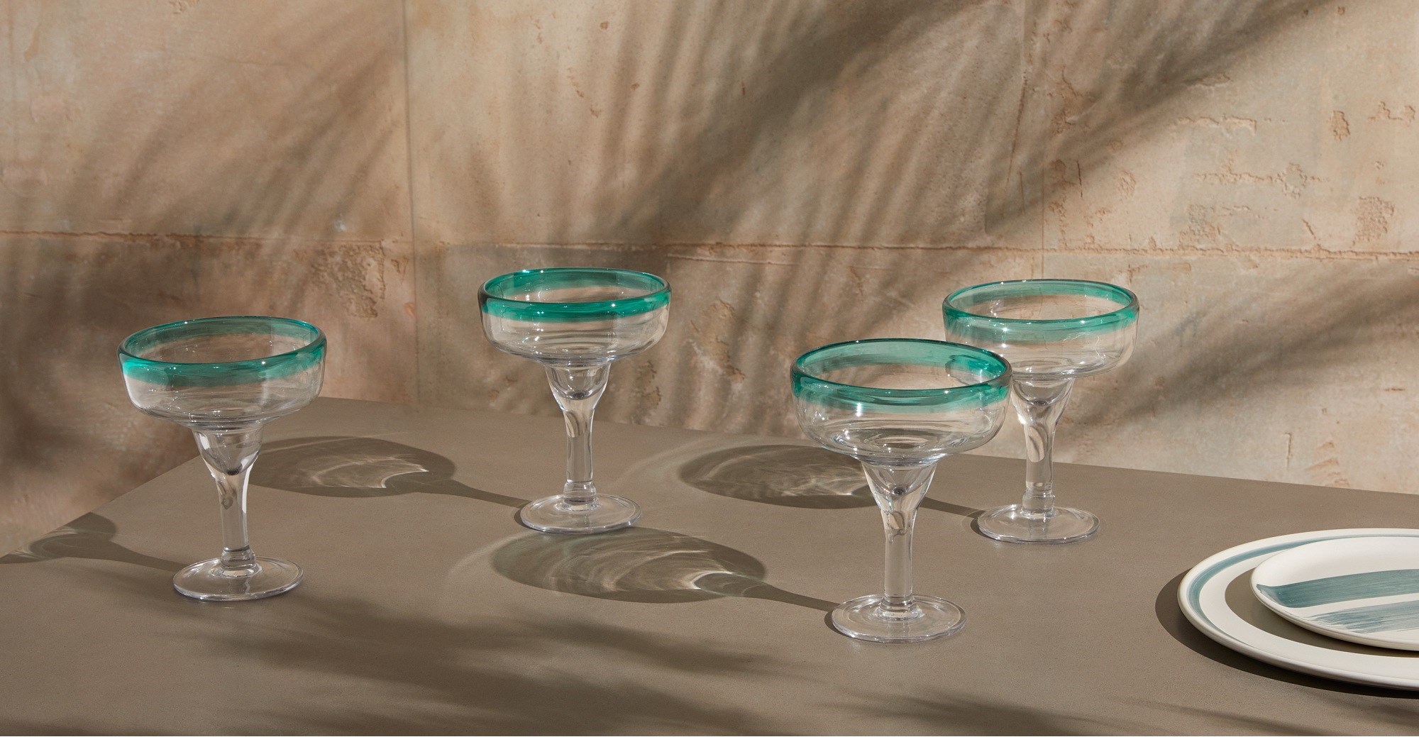 KAZAN set of 4 green rim margarita glasses Greenclear Glassware & pitchers Furniture