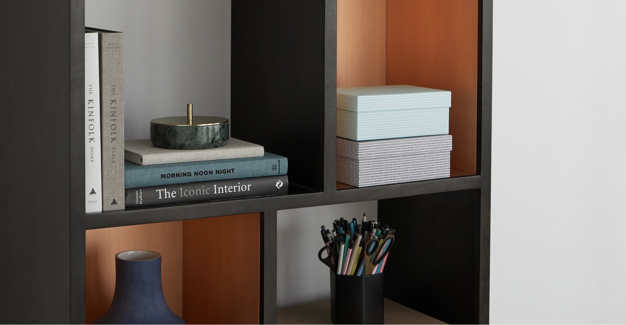 ANDERSON Narrow/Large Shelving Unit Narrow Shelving Unit, Mocha Mango Wood & Copper Bookcases