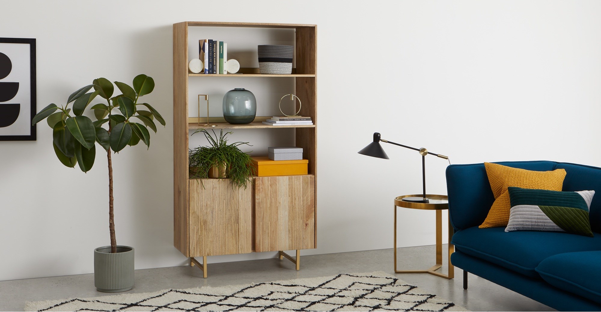 APHRA Bookcase with Cupboard Light Mango Wood and Brass Inlay